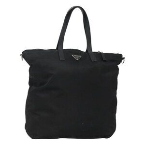 PRADA Tote Bag Nylon Black Silver Auth EC666